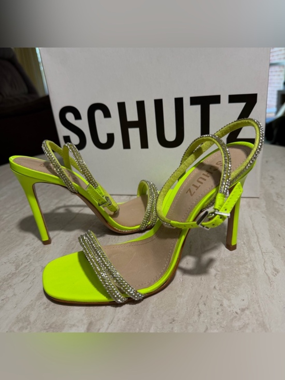 NIB Schutz Neon Green/Yellow Crystal Heeled Sandals *7.5